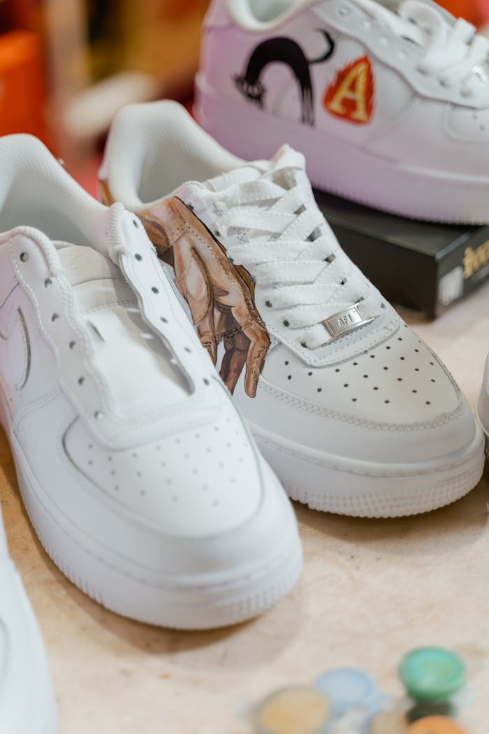 about-01 White sneakers featuring unique hand-painted artistic designs for a stylish look.
